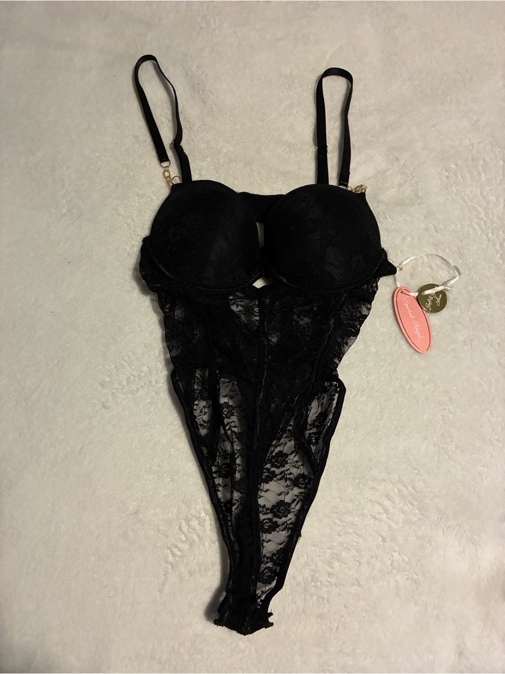 Spoiled Angel Black Lace Sheer Bodysuit Adjustable Straps Size M